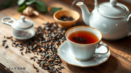Cup of tea and teapot on wooden table, closeupの写真素材