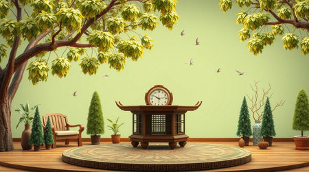 3d rendering of a living room interior with a wooden table and a clock.