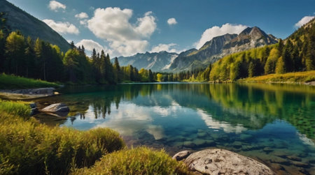 Panoramic view of beautiful mountain lake in Dolomites, Italyの写真素材