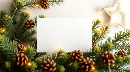 Christmas greeting card mockup with fir tree branches and decorations on white backgroundの写真素材