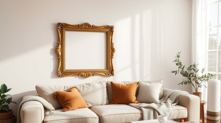 Interior of modern living room with white sofa, orange pillows and picture frame. 3d renderの写真素材