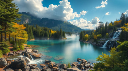 Mountain lake with a waterfall in the background, Siberia, Russiaの写真素材