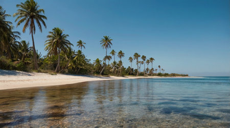 Panoramic view of beautiful tropical beach with palms and sand.の写真素材
