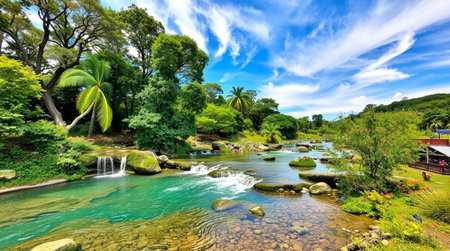 Panoramic view of beautiful waterfall in tropical garden. Nature composition.