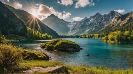 Panoramic view of the alpine lake in the mountains.の写真素材
