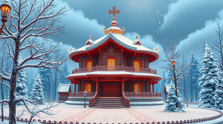 Beautiful wooden structure in the winter forest. 3d renderingの写真素材
