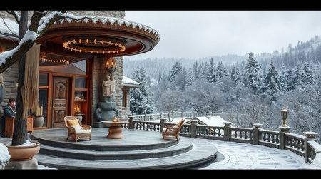 Beautiful winter landscape with snow covered trees and wooden pavilionsの写真素材