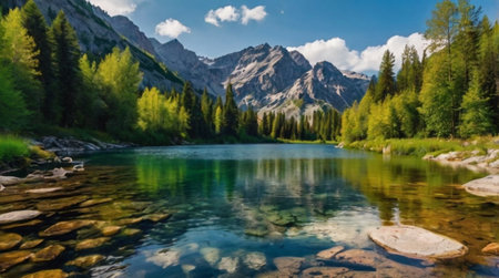 Panoramic view of alpine lake in Dolomites, Italy