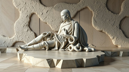 Statue of a woman sitting on a podium. 3d renderingの写真素材