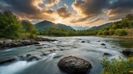 Beautiful landscape of mountain river at sunset. Long exposure photography.の写真素材