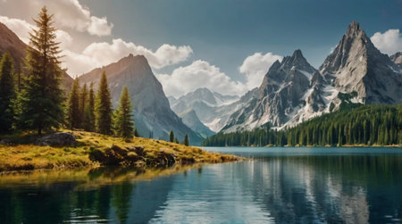 Panoramic view of Lake Misurina in the Dolomites, Italy