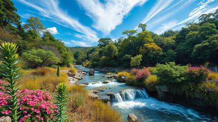 Landscape with a waterfall in the park in New Zealand, South Islandの写真素材