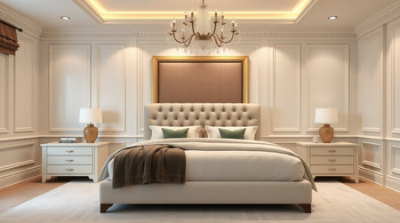 3d rendering luxury bedroom suite in classic style with gold frame.の写真素材