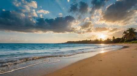 Beautiful tropical beach at sunset in Sri Lanka. Panoramic view