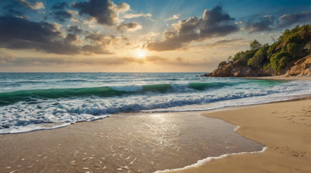 Beautiful seascape at sunset. Panoramic view of the sandy beach on the island of Sardinia, Italy.の写真素材