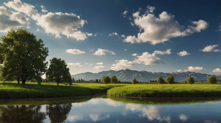 Landscape with lake, trees and mountains in Bavaria, Germanyの写真素材