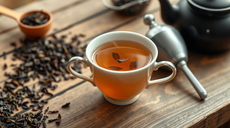 Cup of tea and teapot on wooden table, closeupの写真素材