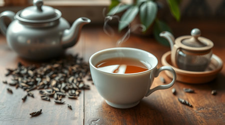 Cup of tea with teapot on wooden table, closeupの写真素材