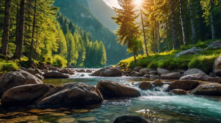 Mountain river in the forest at sunset. Beautiful nature background.の写真素材