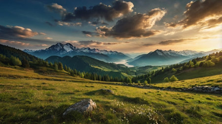 panoramic view of the alps at sunset. beautiful summer landscapeの写真素材