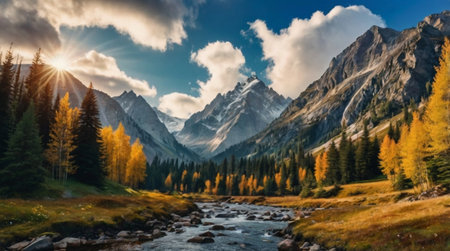 Panoramic view of the autumn alpine landscape. Mountain river in the mountains.の写真素材