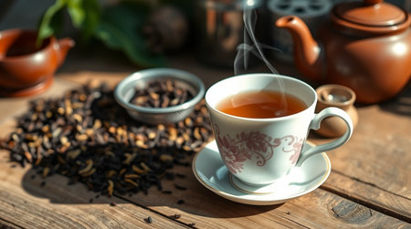 Cup of tea and teapot on wooden table, closeup