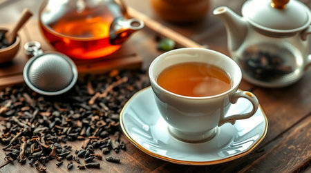 Cup of tea on old wooden table, closeup.の写真素材