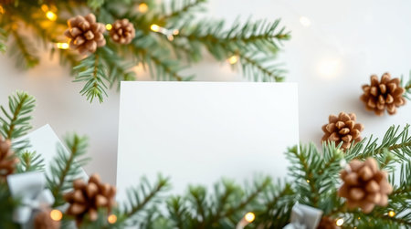 Christmas greeting card mockup with fir branches, pine cones and garland lights on white backgroundの写真素材
