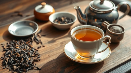 Cup of tea and teapot on wooden table, closeupの写真素材