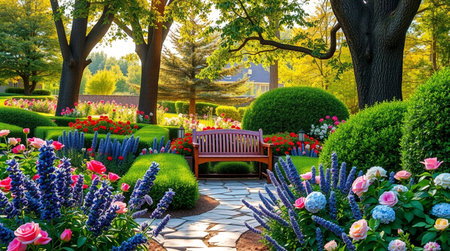 Beautiful flower garden with bench and colorful flowers in spring time.の写真素材