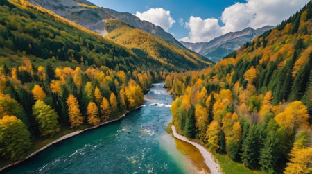Aerial view of the mountain river in autumn. Beautiful nature landscape.の写真素材