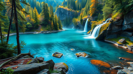 Waterfall in the mountains. Mountain river in the autumn forest.の写真素材