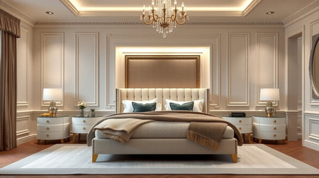 3d rendering luxury bedroom suite in classic style with golden lampshadeの写真素材