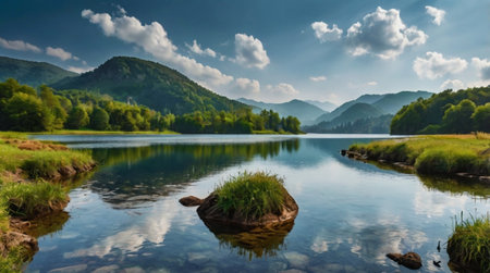 Panoramic view of a beautiful mountain lake in the Carpathiansの写真素材