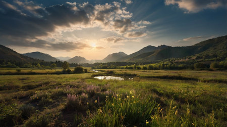 Beautiful summer landscape. Sunset over the river in the mountains.の写真素材