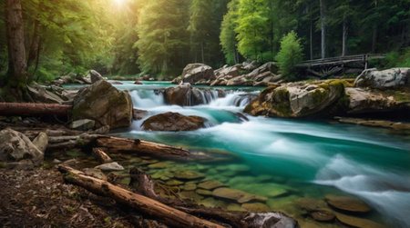 Mountain river flowing through the forest. Beautiful summer landscape in the mountains.の写真素材