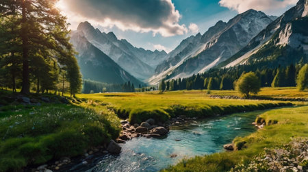 Panoramic view of the mountain river in the valley. Beautiful summer landscape.の写真素材