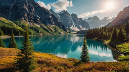 Panoramic view of beautiful lake in mountainsの写真素材
