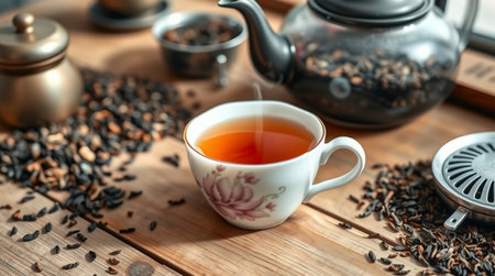 Cup of black tea with black sesame seeds on wooden tableの写真素材