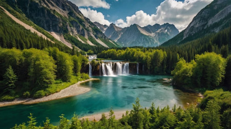 Panoramic view of beautiful mountain lake with waterfall in the mountainsの写真素材