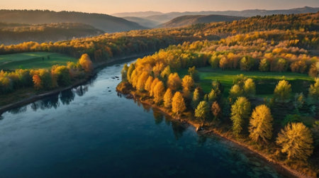 Aerial view of the river and forest at sunset. Beautiful autumn landscapeの写真素材