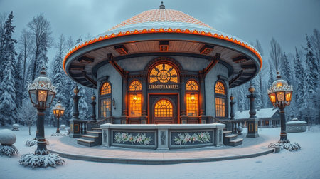 Beautiful winter landscape with a gazebo in the parkの写真素材