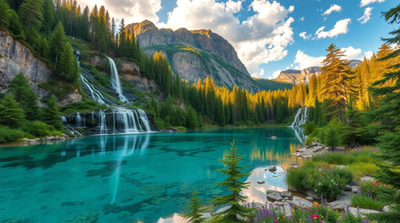 Waterfall in Yading national level reserve, Daocheng County, Sichuan Province, China.の写真素材