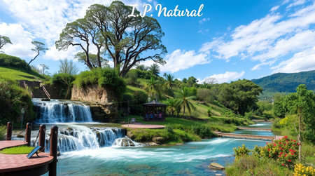 Panoramic view of beautiful waterfall with blue sky and white clouds in Dalat, Vietnamの写真素材