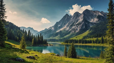 Panoramic view of the mountain lake