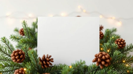 Christmas greeting card mockup with fir tree branches, pine cones and garland lights on white backgroundの写真素材