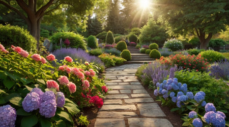 Beautiful garden with blooming hydrangea flowers in spring time