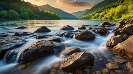 Mountain river flowing through the mountains at sunset. Beautiful summer landscape.の写真素材