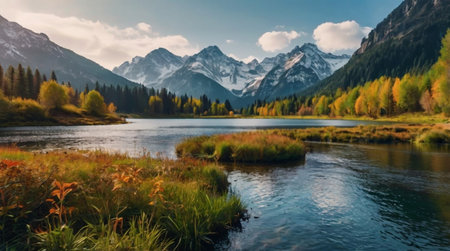 panoramic view of alpine lake and mountains in autumn, Austriaの写真素材