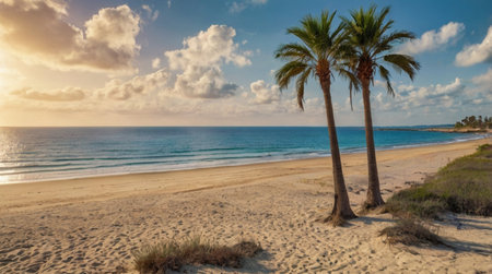 Palm trees on the beach at sunset, Costa Blanca, Spainの写真素材